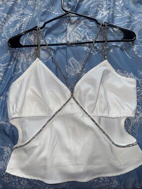 PrettyLittleThing White Satin Crop Top with Silver Chain Trim